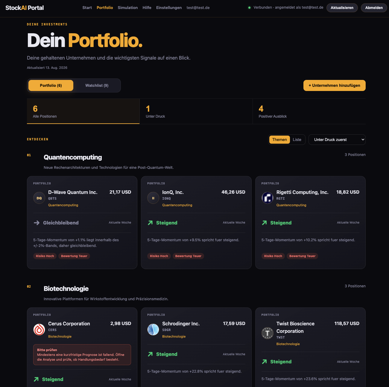 StockAI Web-Portal mit Portfolioübersicht